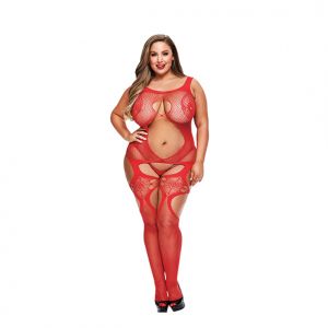 Lapdance - Open Front Kant Bodystocking Rood Plus